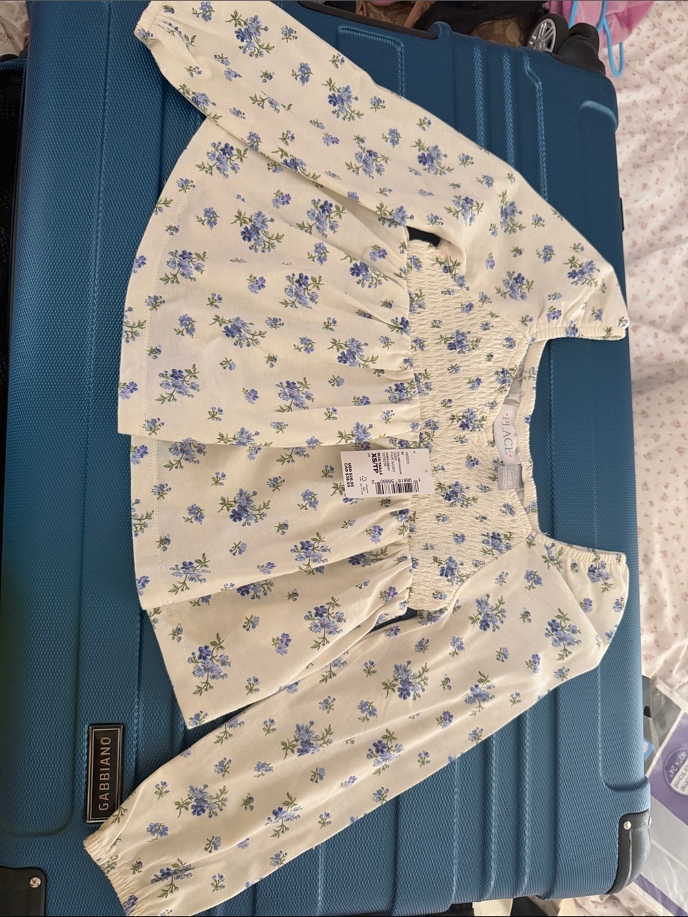 Kids Floral Smocked Long-Sleeve Top - Cream with Blue Flowers